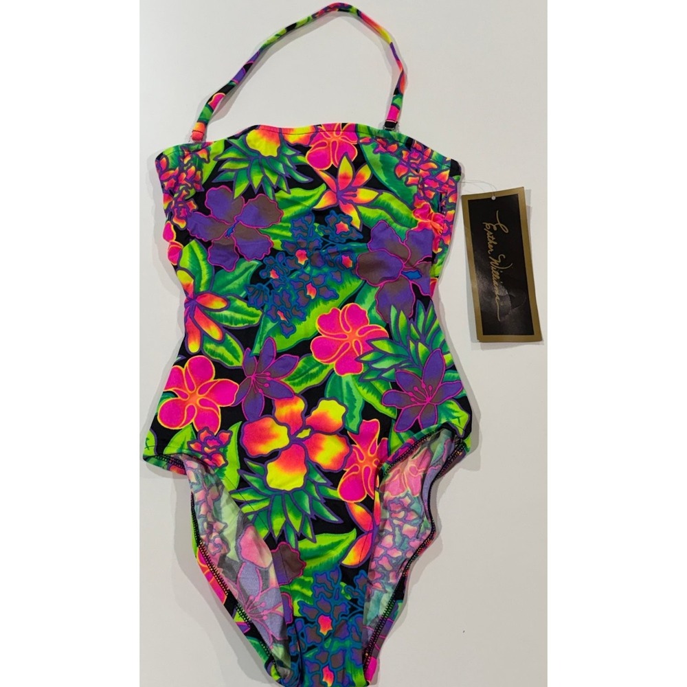 Esther Williams Swimsuit Women's Neon Floral Multi Size 6 S One Piece Halter NWT